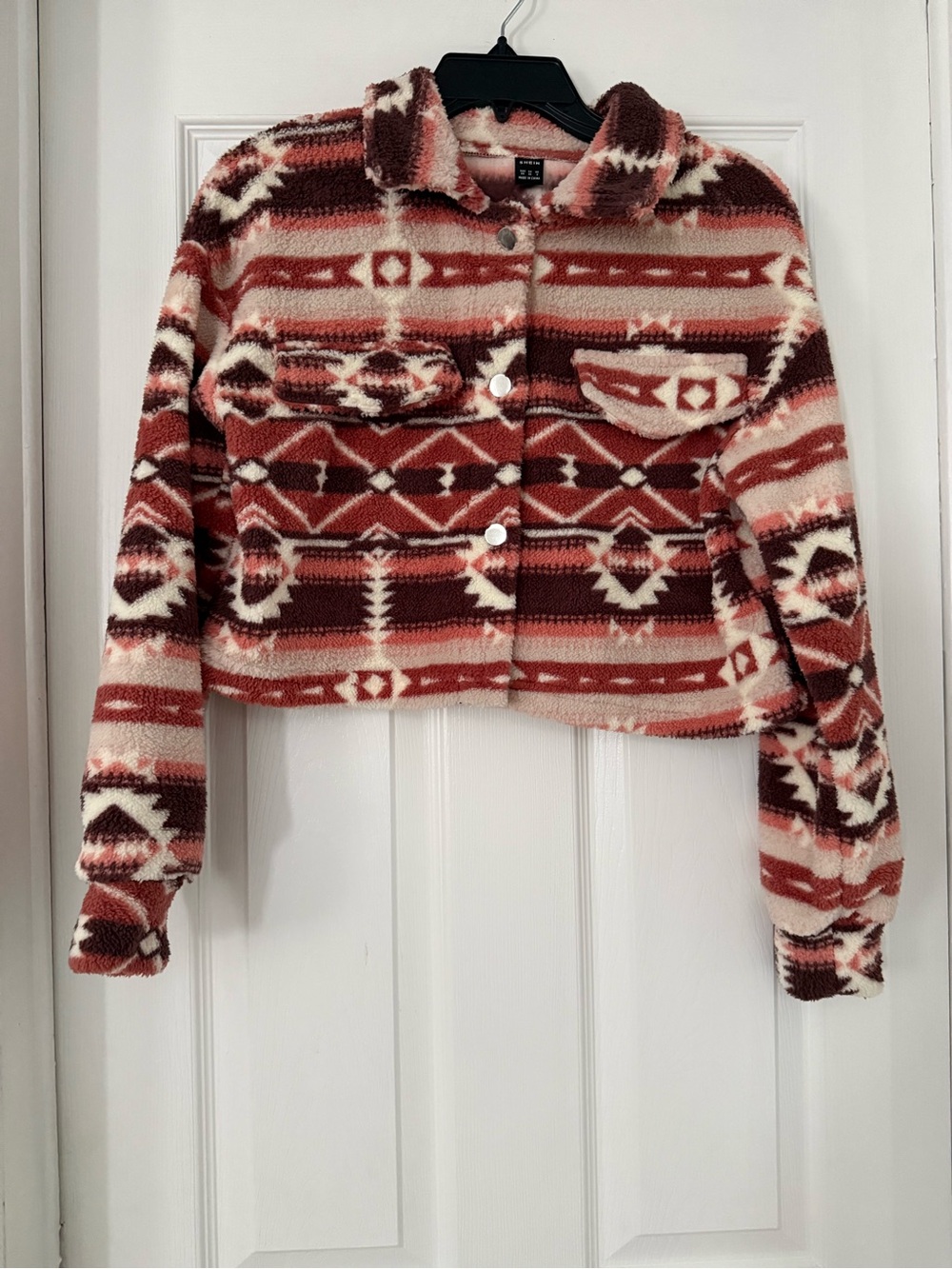 SHEIN Rust and Cream Aztec Sherpa Crop Jacket